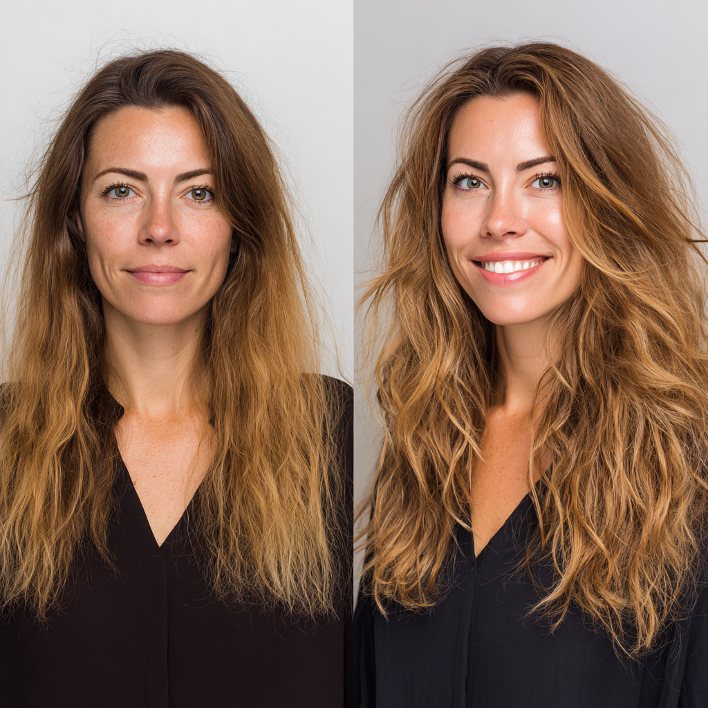 FUYA Conditioner results on two hair types showing soft, manageable shine