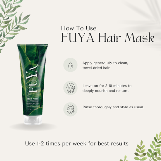 How to use FUYA Hair Mask: apply generously to clean hair, leave for 5–10 minutes, rinse