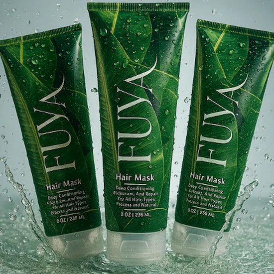Three FUYA Hair Mask tubes with water splash representing hydration and freshness