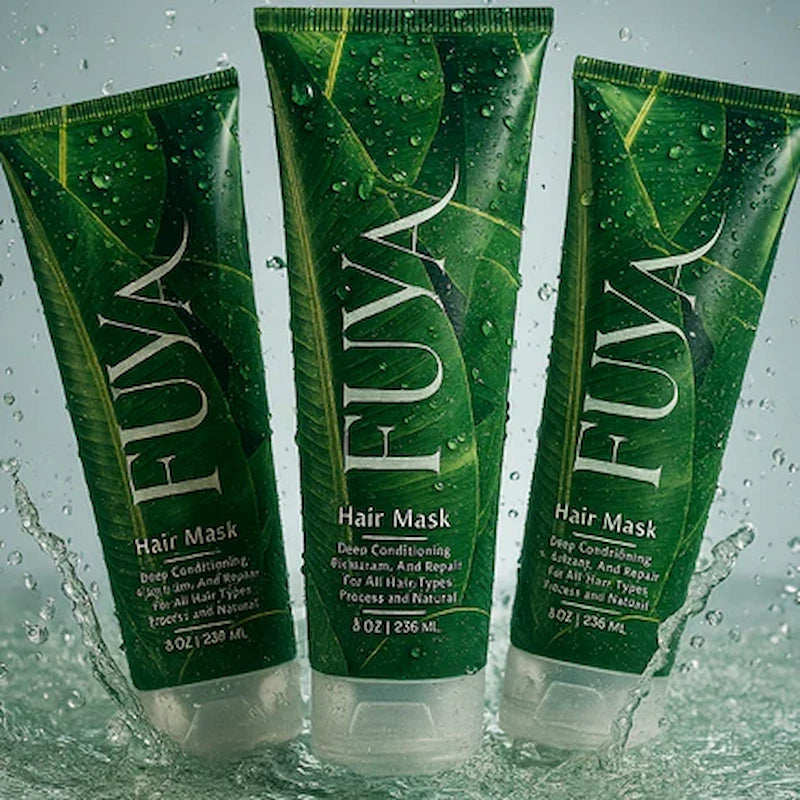 Three FUYA Hair Mask tubes with water splash representing hydration and freshness