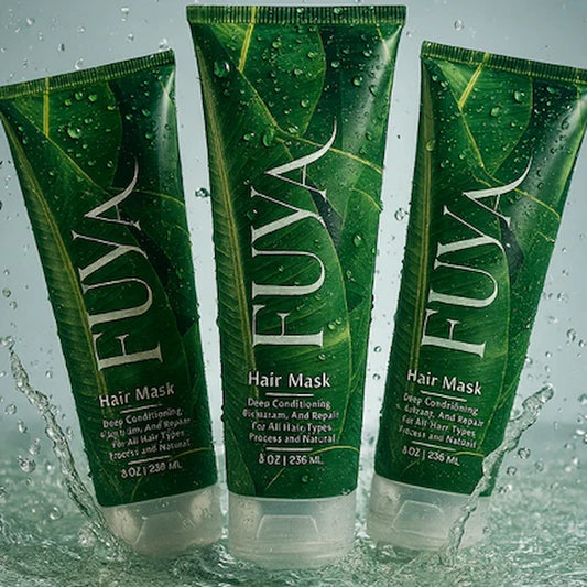 Three FUYA Hair Mask tubes with water splash representing hydration and freshness