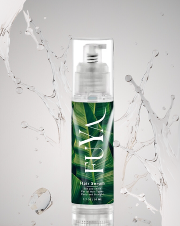 FUYA Hair Serum – nourishing repair serum with green label and water splash background
