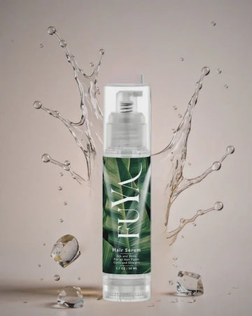 FUYA Hair Serum – nourishing repair serum with green label and water splash background