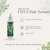 How to use FUYA Hair Serum: dispense 2–3 drops, apply evenly mid-lengths to ends, style as desired