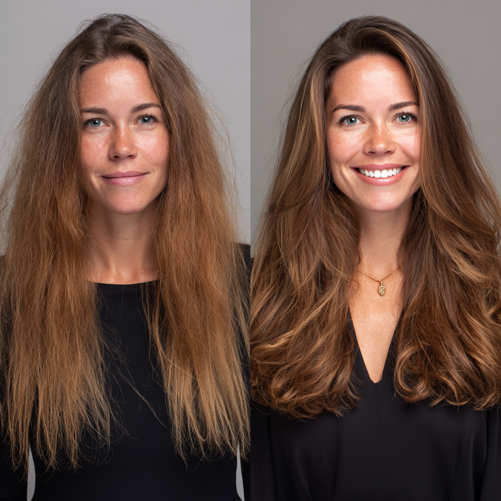 FUYA Shampoo before and after on curly hair, showing soft definition and clean finish