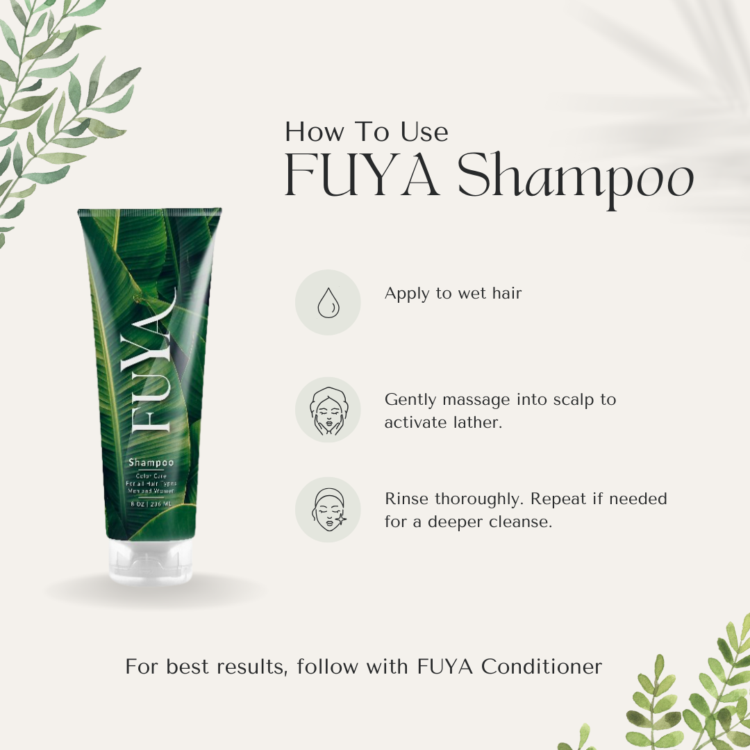 How to use FUYA Shampoo: apply to wet hair, massage gently, rinse, repeat if needed