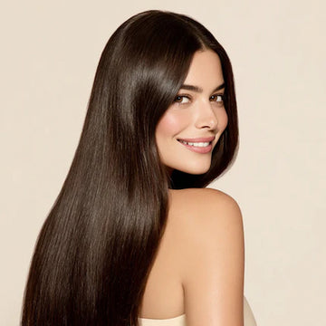 Woman with long straight dark hair smiling – FUYA haircare smooth finish look