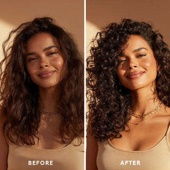 Before and after results showing defined curls after using FUYA Hair Mask.