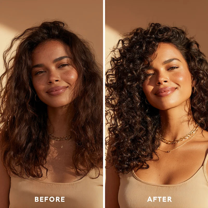 Before and after results showing defined curls after using FUYA Hair Mask.