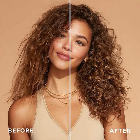 Before and after using FUYA Hair Serum  curls look defined, hydrated, and frizz-free
