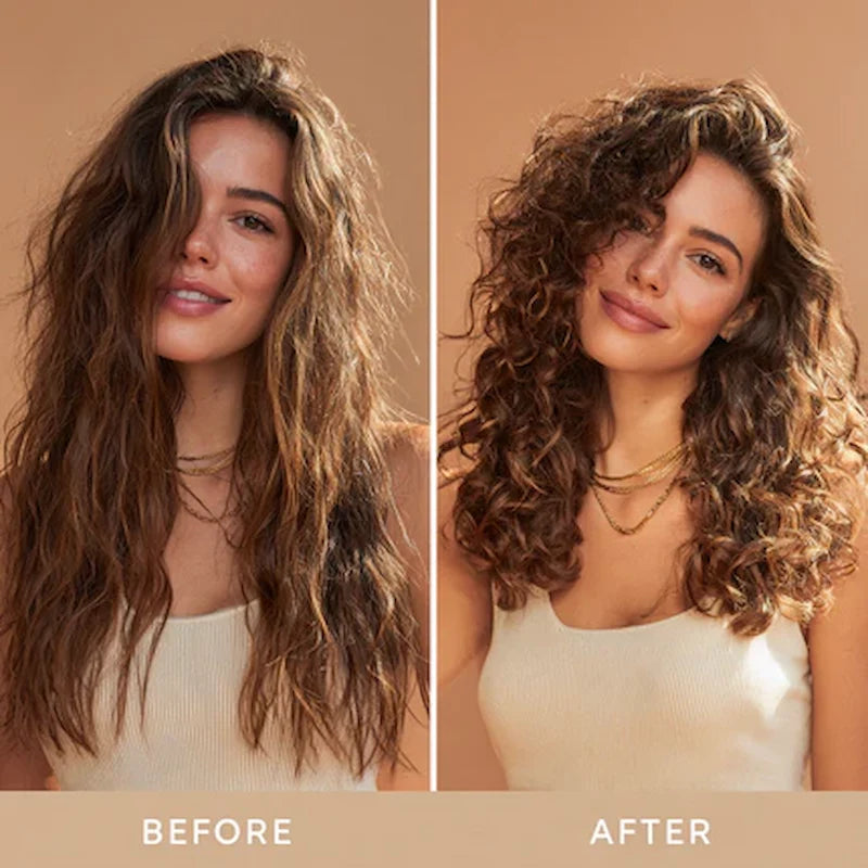 Before and after results showing soft, defined curls after using FUYA Shampoo.